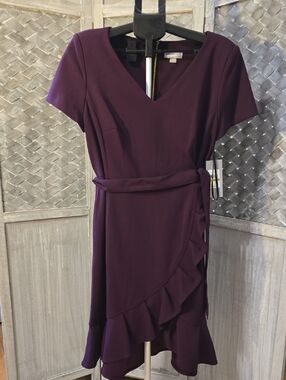 Marc New York Plum Wrap Midi Dress with Ruffle Trim